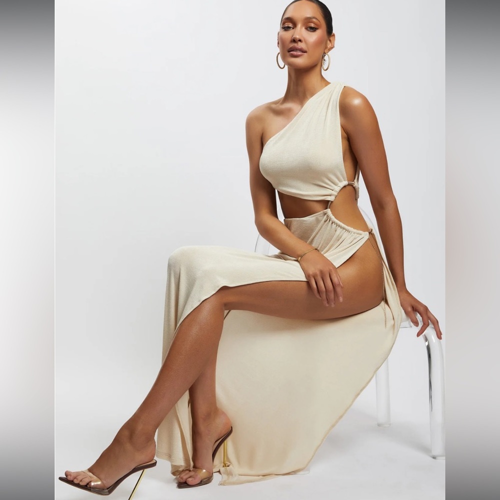 Paige Ruched Side Cut Out Maxi Dress - Nude